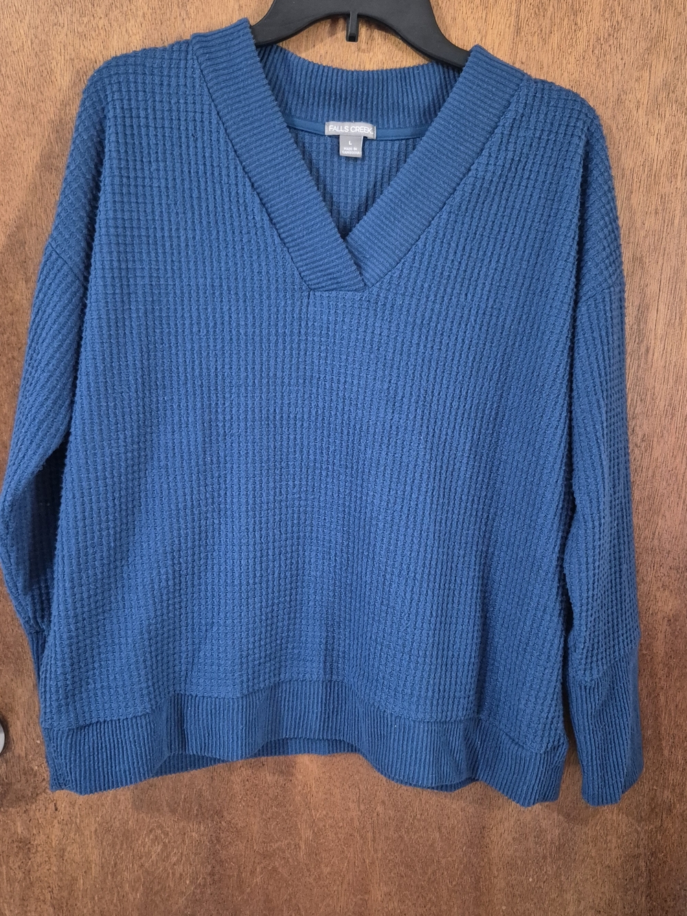 Falls Creek Women's Blue V-Neck Waffle Knit Sweater